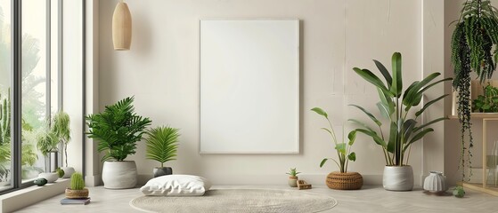 Blank inspirational poster mockup on a peaceful yoga studio wall, surrounded by meditation props and plants, ideal for mindfulness themes.