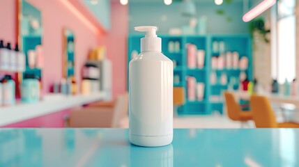 Blank plastic shampoo bottle mockup in a vibrant hair salon, with colorful hair products and styling tools around, ideal for beauty care.