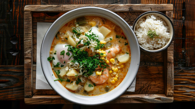 Authentic peruvian shrimp chowder with corn, cheese, potato, rice and cilantro, served in a rustic wooden setting, epitomizing local cuisine