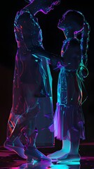Futuristic neon-hued statue of a woman and child