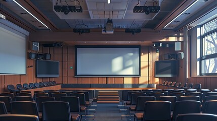 Blank science conference poster mockup in a university lecture hall, with projectors and sample displays, suitable for academic gatherings.