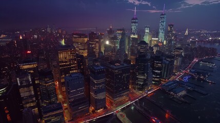 Tour of New York City by helicopter at night. Aerial view of illuminated office buildings, scenic view with Manhattan skyscrapers in the background.
