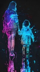 Neon color-splashed silhouette of two children