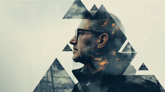 Portrait of a man with glasses with a double exposure effect with glitch technique.