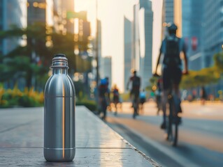 Blank stainless steel bottle mockup on a bustling city bike path, with cyclists and skyscrapers in the background, ideal for eco-friendly water brands.