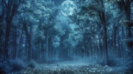 A serene twilight scene with a full moon illuminating a forest clearing surrounded by tall trees.
