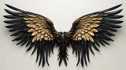 Contemporary Gold And Black Feathered Wing On White Background