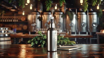 Blank stainless steel growler mockup on a brewery table, with flight paddles and hops displays around, ideal for craft beer brands.