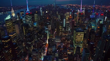 During a nighttime helicopter tour of New York City architecture, you will see office buildings and skyscrapers of Midtown Manhattan. Aerial urban landscape illuminated by lights on a nighttime