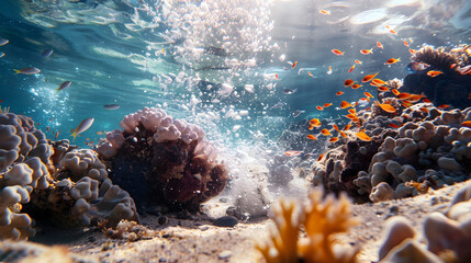 Coral bleaching by climate change. Dead and dying coral reef due to global warming and boiling