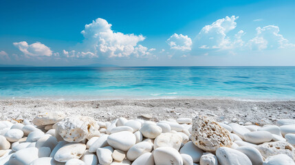 Obraz premium White stones on sand with the sea horizon