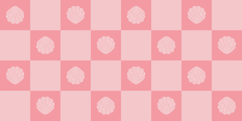 Retro checkered seamless pattern with seashells in pink color. Flat summer design illustration for textile, wrapping paper, background, fabric, wallpaper, cover. Vector