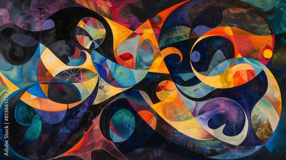 Aufkleber A vibrant artwork featuring a blend of swirling patterns and geometric shapes in a kaleidoscope of colors.
