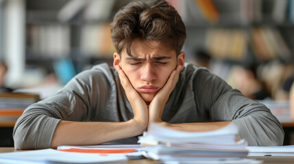 Young Man Surrounded by Papers at Desk