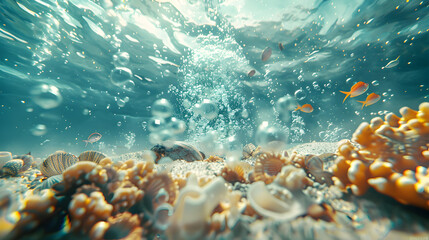 Coral bleaching by climate change. Dead and dying coral reef due to global warming and boiling