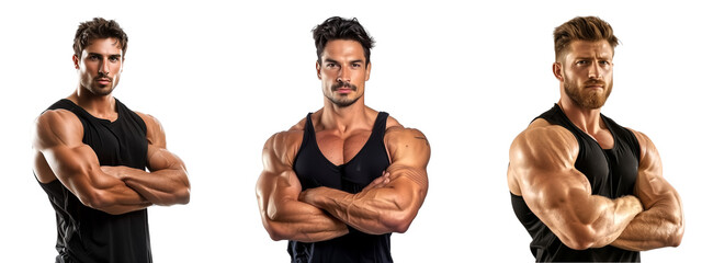 set of a strong young athlete man wearing black tank top showing big double biceps muscle, isolate on transparent background
