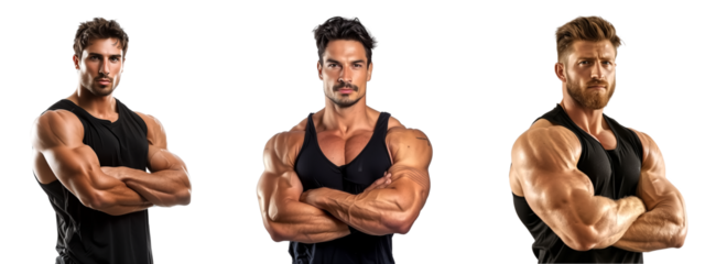 set of a strong young athlete man wearing black tank top showing big double biceps muscle, isolate on transparent background