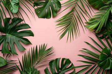 tropical leaves arranged on a pastel pink background creating a minimalist and trendy flat lay composition abstract photo