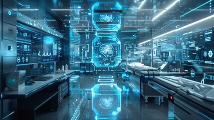 A futuristic medical lab equipped with AI-powered diagnostic tools and equipment, symbolizing the cutting-edge technology driving advancements in personalized medicine and treatment.