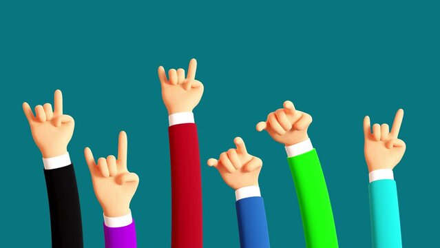 Heavy metal gesture 3d multicolored cartoon hands. Horns hand gesture. Looping animation with alpha channel.