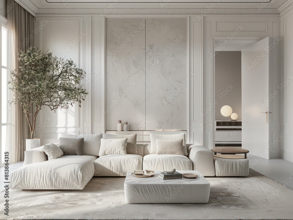 Wall mural realistic luxury living room, frontal view, white sofa and high details