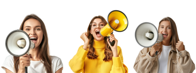 Set of a woman with megaphone for communication or announce, banner marketing, isolate on transparent backgound