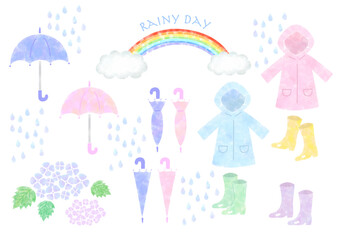 Fototapeta premium 梅雨モチーフの手描きイラストセット