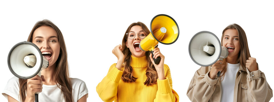 Set of a woman with megaphone for communication or announce, banner marketing, isolate on transparent backgound