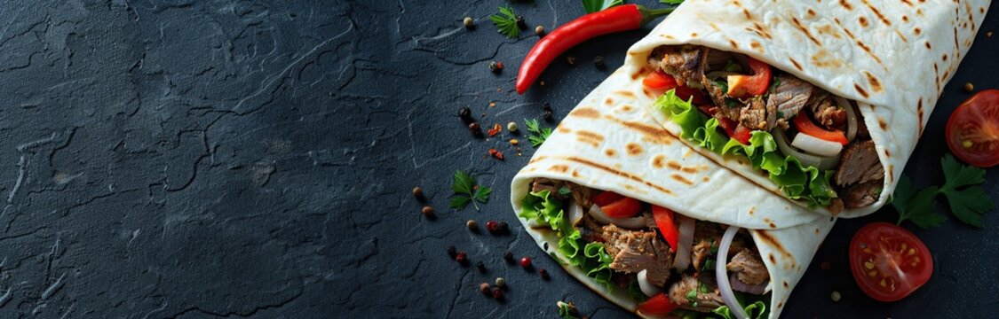 Gyros, shawarma wrapped in pita breads on black background. Take away street food. Two fresh sandwich rolls, burritos. Doner kebab, lettuce, tomatos, spice. Tortillas filling of vegetables, beef meat.