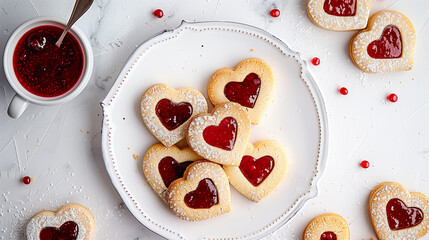 Top view on a white plate with heart shaped Linzer cookies with strawberry or raspberry jam on white background for Valentine’s day