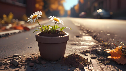 A micro-tiny clay pot full of dirt with a beautiful daisie planted in it, shining in the autumn sun on a road in an abandoned city, fiction, wallpaper, character, cg artwork, art, flash photography