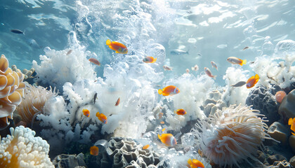Coral bleaching by climate change. Dead and dying coral reef due to global warming and boiling