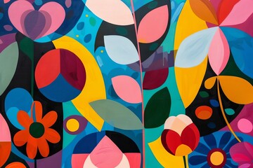 vibrant botanical abstraction with geometric floral shapes and colors modern art