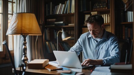 Obraz premium Busy middle aged business man sitting at desk working on laptop writing. 