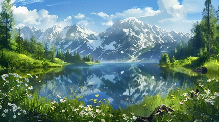 A serene mountain lake reflecting the surrounding peaks, framed by lush greenery and a scattering of wildflowers.