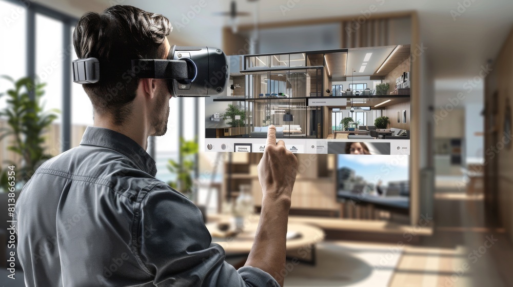 Poster 3d rendering of architectural software interface with virtual reality visualization. replacement of 