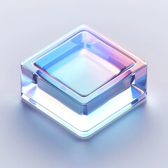 3D illustration of a glossy, transparent cube with a blue tint on a reflective surface.