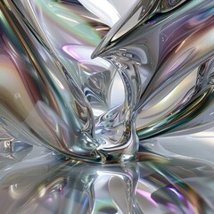 Abstract 3D render of metallic liquid shapes with iridescent colors, suitable for modern background or wallpaper.