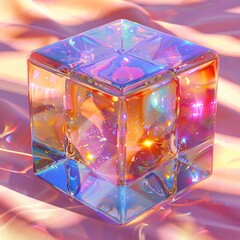 Colorful transparent cubes casting shadows and reflections on a white surface, with a soft light background.
