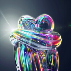 Abstract image of two figures hugging, with a colorful, iridescent texture, on a dark background with lens flare.