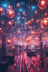Surreal room with people and hanging illuminated orbs casting a pink and blue glow, creating a dreamy atmosphere.