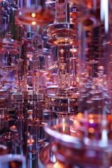 Abstract background of futuristic neon-lit tubes and cylinders in a science fiction setting.