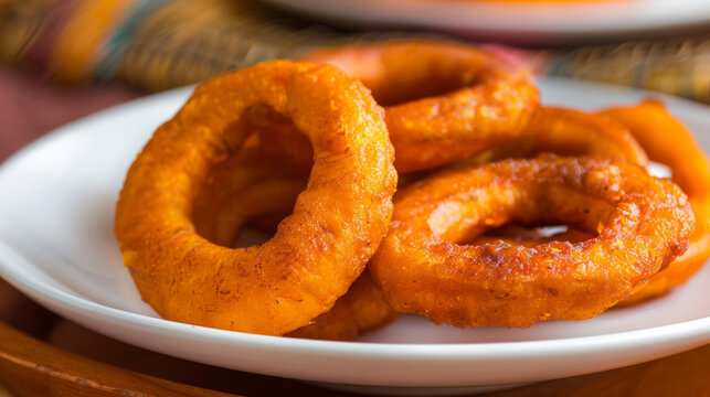 Authentic peruvian picarones served on a white plate, showcasing the delicious syrup-coated pumpkin and sweet potato doughnuts of peru's cuisine