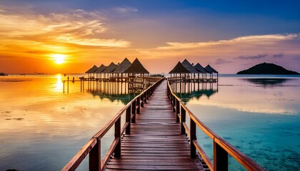 Fototapeta premium Golden Hour Glow: The Wooden Bridge Embrace