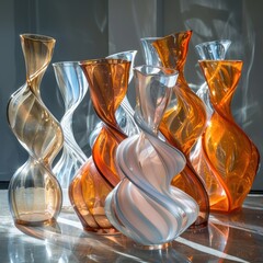 Elegant twisted glass vases in warm tones with sunlight casting soft shadows on a gray surface.