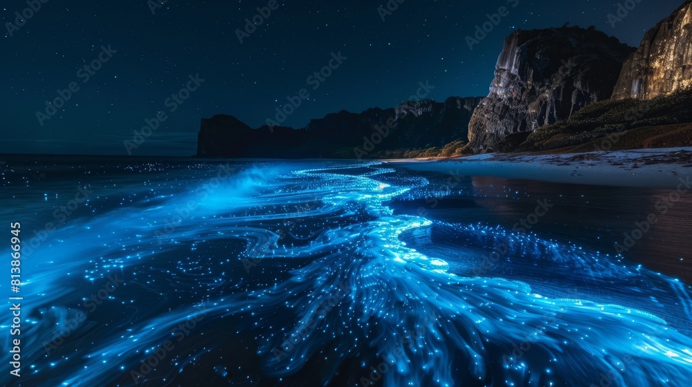 Wall mural the ocean is lit up with blue lights, creating a serene and peaceful atmosphere