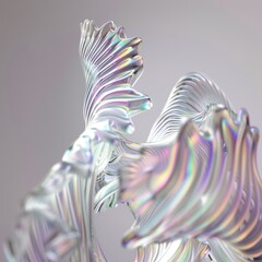 Abstract iridescent sculpture with fluid shapes and pastel colors on a neutral background.