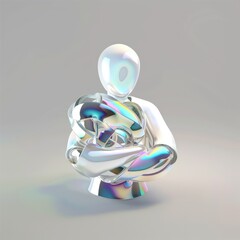 3D illustration of a reflective humanoid figure in a contemplative pose with iridescent colors on a neutral background.