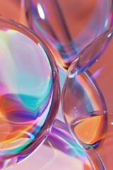 Abstract colorful light refractions through transparent curved surfaces on a pink background.