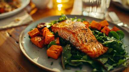  Grilled salmon with steamed greens